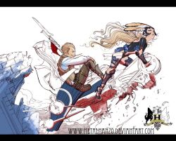  1boy aircraft animal_ears balthier bayonet blonde_hair brown_hair cigarette_holder commentary dark-skinned_female dark_skin english_commentary female final_fantasy final_fantasy_xii fran_(ff12) gun hover_bike letterboxed long_hair metalhanzo mouth_hold multiple_riders rabbit_ears rifle thighhighs very_long_hair viera watermark weapon web_address 