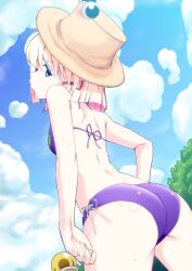  ass bare_shoulders bikini blonde_hair blue_eyes cloud commentary_request day female from_behind h-new hair_ribbon hat highres looking_at_viewer looking_back md5_mismatch moriya_suwako o3o photoshop_(medium) profile ribbon short_hair side-tie_bikini_bottom sky solo swimsuit touhou 