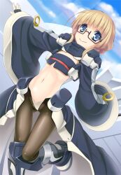  adele_balfetto black_legwear blonde_hair blue_eyes bodysuit boots female female glasses kyoukai_senjou_no_horizon kyoukaisenjou_no_horizon midriff solo wapokichi 