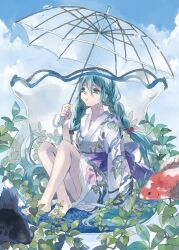  :o aqua_eyes aqua_hair bad_id bad_pixiv_id barefoot braid day female fish fishbowl hatsune_miku japanese_clothes long_hair sitting sky solo transparent transparent_umbrella tsukioka_tsukiho twin_braids umbrella vocaloid 