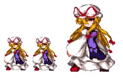  ayge blonde_hair commentary_request covering_one_eye female hat hat_ribbon koishi_komeiji&#039;s_heart-throbbing_adventure long_hair long_skirt long_sleeves lowres pixel_art purple_eyes ribbon skirt standing touhou very_long_hair white_background wide_sleeves yakumo_yukari 