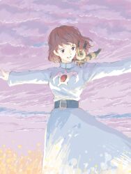  belt blue_dress brown_hair commentary_request dress female kaze_no_tani_no_nausicaa nausicaa outstretched_arms pale_color sakai_yume short_hair sky solo spread_arms teto_(nausicaa) 