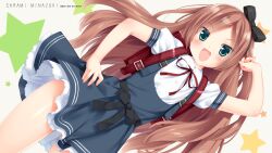  :d backpack bag blush bow brown_hair commentary_request female green_eyes hairbow highres kani_biimu long_hair looking_at_viewer minazuki_sarami open_mouth original petticoat randoseru revision smile solo star_(symbol) 