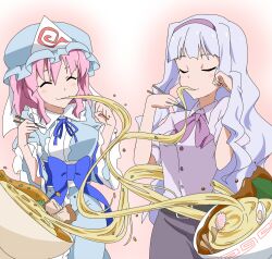  2girls bad_id bad_pixiv_id belt blue_hair blush chopsticks closed_eyes crossover eating egg food fueiku grey_hair hairband hat idolmaster idolmaster_(classic) japanese_clothes kamaboko long_hair meat multiple_girls narutomaki noodles pink_hair ramen ribbon saigyouji_yuyuko shijou_takane short_hair skirt smile touhou trait_connection triangular_headpiece 