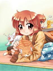  2girls brown_eyes brown_hair feline juice kotatsu multiple_girls orange_juice original pajamas photoshop_(medium) short_hair siblings sisters table zan_nekotama 