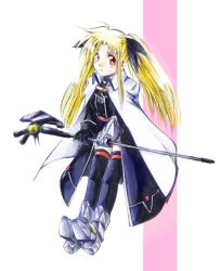  bardiche_(assault_form)_(nanoha) bardiche_(nanoha) commentary_request fate_testarossa fate_testarossa_(impulse_form) female full_body jason_(kaiten_kussaku_kikou) long_hair looking_at_viewer lyrical_nanoha mahou_shoujo_lyrical_nanoha mahou_shoujo_lyrical_nanoha_a&#039;s mahou_shoujo_lyrical_nanoha_strikers photoshop_(medium) self_cosplay smile solo thighhighs twintails 