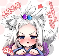  animal_ears blue_eyes blush commentary_request female freckles hair_bobbles hair_ornament kemonomimi_mode open_mouth oshiruko_(uminekotei) pokemon pokemon_bw2 roxie_(pokemon) solo tail tail_wagging topknot translated white_hair 