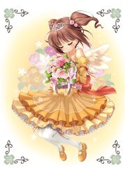  bad_id bad_pixiv_id bare_shoulders blush bouquet brown_hair chika_(orange_pop) closed_eyes dress female flower hair_ornament idolmaster idolmaster_(classic) short_hair smile solo takatsuki_yayoi tiara twintails wings 