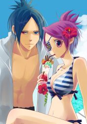  1boy bare_shoulders bikini blue_hair breasts chrome_dokuro cleavage cloud eyepatch female flower food heterochromia ice_cream katekyo_hitman_reborn! midriff navel ocean purple_eyes purple_hair rokudo_mukuro rokudou_mukuro sea short_hair swimsuit water 