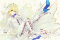  ahoge belt blonde_hair bodysuit chains commentary_request fate/extra fate/extra_ccc fate_(series) female flower gloves green_eyes high_heels mamusya nero_claudius_(bride)_(fate) nero_claudius_(fate) shoes solo veil zipper 