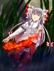  :&lt; annoyed bamboo bamboo_forest buckle commentary_request dress_shirt dutch_angle female fire forest fujiwara_no_mokou hand_in_pocket highres looking_down moon nature night shirt solo touhou yet_you 