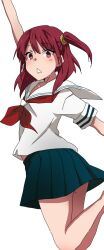  bad_id bad_pixiv_id bare_legs barefoot blush cosplay crossover female hapoa jumping kuzuryuu_momoko kuzuryuu_momoko_(cosplay) magi_the_labyrinth_of_magic morgiana one_side_up pleated_skirt red_eyes red_hair school_uniform serafuku short_sleeves simple_background skirt solo sumomomo_momomo white_background 