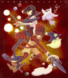  1boy bulrell commentary_request copyright_name female grin halo hat headband holding knife pointy_ears polearm purple_eyes red_eyes short_hair smile sparkle spear star_(symbol) summon_night summon_night_2 takahashi_ryuunosuke toris trident weapon wings witch_hat 