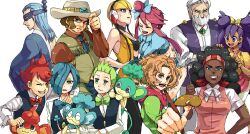  4girls 6+boys asura_(asr4000) bad_id bad_pixiv_id black_hair blonde_hair blue_hair bow bowtie brown_hair brush brycen_(pokemon) burgh_(pokemon) chili_(pokemon) cilan_(pokemon) clay_(pokemon) commentary_request cowboy_hat cress_(pokemon) dark_skin drayden_(pokemon) elesa_(pokemon) green_hair hat iris_(pokemon) lenora_(pokemon) multiple_boys multiple_girls oekaki palette_(object) panpour pansage pansear pokemon pokemon_(creature) pokemon_bw skyla_(pokemon) traditional_bowtie very_dark_skin vest waistcoat white_hair 