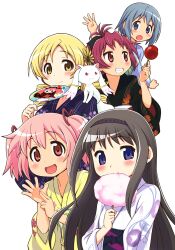  5girls akemi_homura black_hair blonde_hair blue_eyes blue_hair bow charlotte_(madoka_magica) commentary_request cotton_candy drill_hair folded_fan folding_fan hair_ribbon hairbow hand_fan japanese_clothes kaname_madoka kimono kyuubee long_hair mahou_shoujo_madoka_magica mahou_shoujo_madoka_magica_(anime) miki_sayaka multiple_girls pink_hair ponytail purple_eyes red_eyes red_hair ribbon sakura_kyoko short_hair simple_background tomoe_mami twin_drills twintails white_background yellow_eyes yuuki_akira 