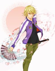  1boy bad_id bad_pixiv_id blonde_hair folding_fan hand_fan highres ichito_(llob) ivan_karelin jacket katana letterman_jacket male_focus petals purple_eyes purple_jacket solo sword tiger_&amp;_bunny weapon 