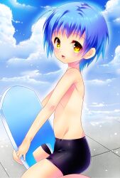  1boy aged_down bad_id bad_pixiv_id bike_shorts blue_hair kickboard male_focus male_swimwear original riko_(kujira215) swim_trunks yellow_eyes 