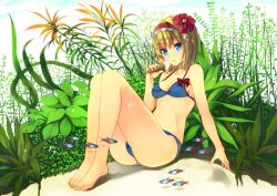  air_bubble alice_margatroid barefoot bikini blonde_hair blue_eyes bow bubble commentary_request eating feet female fish flower food hair_flower hair_ornament halterneck hibiscus ice_cream solo submerged swimsuit toes touhou unasaka_ryou underwater 