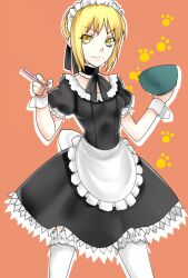  artoria_pendragon_(fate) bad_id bad_pixiv_id blonde_hair bowl carnival_phantasm chopsticks fate/stay_night fate_(series) female food food_on_face hair_ribbon kisaragi_(domino) maid maid_headdress paw_print ribbon saber_(fate) saber_alter solo thighhighs 