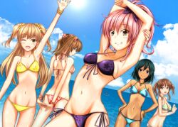  5girls absurdres armpits arms_up bangle bikini blonde_hair bracelet brown_eyes brown_hair cloud commentary_request curvy dark-skinned_female dark_skin day dutch_angle eyelashes front-tie_top green_hair groin halterneck hands_on_own_hips highres idolmaster idolmaster_cinderella_girls jennifer_yamada jewelry jougasaki_mika jougasaki_rika long_hair looking_at_viewer moroboshi_kirari multiple_girls natalia_(idolmaster) navel necklace oerba_yun_fang one_eye_closed open_mouth outdoors photoshop_(medium) pink_hair ponytail profile purple_eyes short_hair side-tie_bikini_bottom sky smile swimsuit totoki_airi two_side_up water waving yellow_eyes 