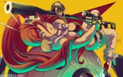  anti-materiel_rifle bikini bikini_top_only boota_(ttgl) boots breasts female fingerless_gloves flame_print gloves gun hair_ornament lagann large_breasts lips long_hair metalhanzo ponytail reclining red_hair rifle scarf scope short_shorts shorts sideboob skull_hair_ornament sniper_rifle swimsuit tengen_toppa_gurren_lagann thighhighs very_long_hair weapon yellow_eyes yoko_littner zettai_ryouiki 