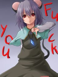  animal_ears capelet commentary_request english_text female grey_hair jewelry long_sleeves mouse_ears mouse_tail nazrin pendant profanity red_eyes remiria100 short_hair solo tail thumbs_down touhou 