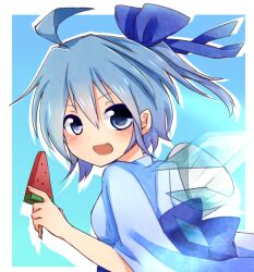  blue_eyes blue_hair blush bow cirno commentary_request female food fruit hairbow oerba_yun_fang open_mouth popsicle ribbon solo tosura-ayato touhou watermelon watermelon_bar wings 