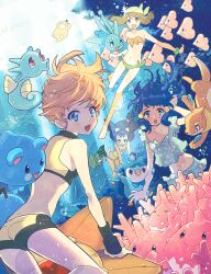  adapted_costume alternate_costume axew bad_id bad_pixiv_id bandana banned_artist bare_shoulders barefoot bikini blue_eyes blue_hair brown_hair buizel clamperl corsola dark_skin dawn_(pokemon) freediving frills gen_1_pokemon gen_2_pokemon gen_3_pokemon gen_4_pokemon gen_5_pokemon hair_ornament hairclip haruka_(pokemon) horsea iris_(pokemon) kasumi_(pokemon) kissai luvdisc manaphy marill midriff multiple_girls navel ocean orange_hair piplup pokemon pokemon_(creature) pokemon_(game) pokemon_emerald pokemon_rse psyduck purple_hair side_ponytail staryu swimming swimsuit underwater 