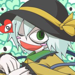  commentary_request female green_eyes green_hair hat hat_ribbon heart koishi_komeiji&#039;s_heart-throbbing_adventure komeiji_koishi long_sleeves monopollyan one_eye_closed open_mouth ribbon short_hair solo third_eye touhou 