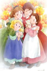  2012 4girls affectionate ai_no_wakakusa_monogatari amy_march closed_eyes commentary_request elizabeth_march family feline flower hair_net hairband hug josephine_march margaret_march multiple_girls retro_artstyle sakai_yume siblings sisters tulip world_masterpiece_theater 