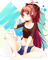  bad_id bad_pixiv_id blue_shorts blush bow female food hairbow holding kyuubee long_hair mahou_shoujo_madoka_magica mahou_shoujo_madoka_magica_(anime) nochita_shin open_fly ponytail popsicle red_eyes red_hair sakura_kyoko shorts sitting solo star_(symbol) unzipped 