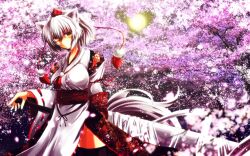  alternate_costume animal_ears bad_id bad_pixiv_id cherry_blossoms detached_sleeves female hat highres inubashiri_momiji kourindou_tengu_costume moon nekominase petals short_hair solo sword tail thighhighs tokin_hat touhou tree weapon white_hair wide_sleeves wolf_ears wolf_tail yellow_eyes 