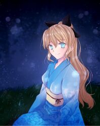  blind blonde_hair blue_eyes blue_kimono female hair_ribbon highres japanese_clothes katawa_shoujo kimono long_hair obi ponytail ribbon sash satou_lilly sitting sky solo star_(sky) starry_sky tusia 