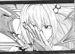  close-up commentary_request darkness female fingernails greyscale hair_bobbles hair_ornament hands letterboxed long_hair monochrome nib_pen_(medium) one_side_up shinki_(touhou) so-men solo touhou touhou_(pc-98) traditional_media wings 