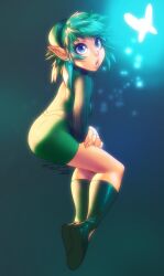  blue_eyes boots commentary dress fairy female green_footwear green_hair navi pointy_ears robaato saria_(zelda) short_hair the_legend_of_zelda the_legend_of_zelda:_ocarina_of_time 