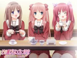  3girls :d ^_^ azumi_risa blue_eyes blush bow brown_hair closed_eyes copyright_name cup hair_ribbon hairbow kani_biimu kitajima_sara multiple_girls oda_nanami open_mouth photoshop_(medium) red_hair ribbon school_uniform serafuku smile sono_hanabira_ni_kuchizuke_wo spoon st._michael&#039;s_school_uniform thighhighs twintails two_side_up watermark 