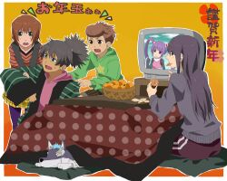  3boys bad_id bad_pixiv_id black_hair brown_hair canine contemporary cushion eating food fruit gauntlets green_eyes karol_capel kotatsu long_hair male_focus mandarin_orange multiple_boys new_year oerba_yun_fang ponytail purple_hair raven_(tales) repede_(tales) rita_mordio sasayama_panda sleeping sophie_(tales) sweatdrop table tales_of_(series) tales_of_graces tales_of_vesperia television yuri_lowell zabuton 