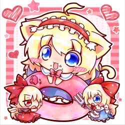  ahoge alice_margatroid animal_ears apron blonde_hair blue_eyes blush_stickers bow commentary_request doll doughnut eating female food food_on_face fork hairband hairbow heart hourai_doll long_hair open_mouth red_eyes ritateo shanghai_doll short_hair solo touhou very_long_hair wings 