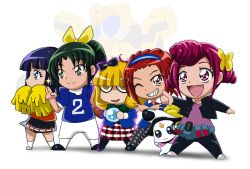  5girls aoki_reika blonde_hair blue_eyes blue_hair blush_stickers bow braid candy_(smile_precure!) chibi cosplay creature crossdressing crystal_ball daimonji_shun_(cosplay) green_eyes green_hair hair_ornament hair_ribbon hairbow hairclip happy heart hino_akane hino_akane_(smile_precure!) hoshizora_miyuki jk_(kamen_rider_fourze)_(cosplay) joujima_yuuki_(cosplay) kamen_rider kamen_rider_fourze_(series) kazashiro_miu_(cosplay) kisaragi_gentaro_(cosplay) long_hair midorikawa_nao multiple_girls nozama_tomoko_(cosplay) parody pink_eyes pink_hair pointing ponytail pose power_dizer_(cosplay) precure red_eyes red_hair ribbon school_uniform short_hair simple_background smile smile_precure sparkle white_background wink yayoi_kise 