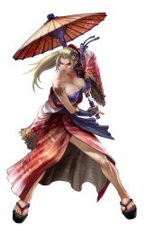  bad_feet bare_shoulders blonde_hair breasts cleavage highres japanese_clothes kawano_takuji kimono large_breasts legs long_legs official_art ponytail sandals setsuka soul_calibur soul_calibur_iv soulcalibur_iv sword thighs weapon 