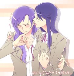  bangs blush closed_eyes collarbone ear_licking glasses hair_ornament hairclip heartcatch_precure! kurumi_momoka licking long_hair long_sleeves multiple_girls myoudou_gakuen_high_school_uniform negom precure purple_hair school_uniform sweatdrop swept_bangs tsukikage_yuri yuri 