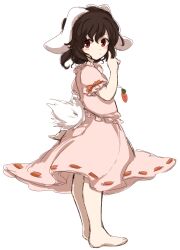  animal_ears bad_id bad_pixiv_id barefoot blush_stickers brown_hair carrot carrot_necklace female full_body inaba_tewi jewelry necklace pendant puffy_sleeves rabbit_ears rabbit_girl rabbit_tail red_eyes short_hair short_sleeves simple_background skirt skirt_set solo tail touhou tsukiori white_background 