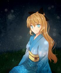  blind blonde_hair blue_eyes blue_kimono blush breasts commentary english_commentary female floral_print grass highres japanese_clothes katawa_shoujo kimono long_hair long_sleeves looking_at_viewer medium_breasts night obi obijime ponytail sash satou_lilly sidelocks sitting smile solo tusia 