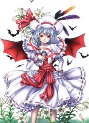  animal ascot bat_(animal) bat_wings blue_hair bracelet capelet collarbone commentary_request curiosities_of_lotus_asia feathers female flower hat hat_ribbon highres jewelry lily_(flower) long_sleeves photoshop_(medium) puffy_sleeves red_eyes remilia_scarlet ribbon smile solo standing touhou wings yossyzero 