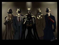  5boys batman batman_(series) cape coat dc_comics detective fedora hat looking_at_viewer male_focus mask multiple_boys rorschach serious sherlock_holmes smoking_pipe standing the_adventures_of_sherlock_holmes the_question the_spirit trench_coat watchmen 