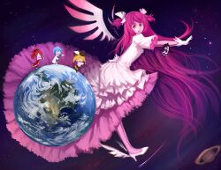  5girls akemi_homura akemi_homura_(magical_girl) black_hair blackrabbitsoul blonde_hair blue_hair cape commentary dress drill_hair earth_(planet) highres jinrui_wa_suitai_shimashita kaname_madoka long_hair mahou_shoujo_madoka_magica mahou_shoujo_madoka_magica_(anime) miki_sayaka miki_sayaka_(magical_girl) multiple_girls parody photoshop_(medium) pink_hair planet ponytail real_world_(jintai) red_hair sakura_kyoko sakura_kyoko_(magical_girl) shoes short_twintails spoilers star_(sky) tomoe_mami tomoe_mami_(magical_girl) twin_drills twintails two_side_up ultimate_madoka winged_footwear wings 