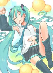  aqua_hair aqua_necktie arm_up bad_id bad_pixiv_id bare_shoulders black_footwear black_skirt closed_eyes collared_shirt commentary_request detached_sleeves dress_shirt female hatsune_miku highres kaneni long_hair loose_thighhigh lying navel necktie on_back open_mouth pastel_colors pleated_skirt saliva shirt skirt sleeping sleeveless sleeveless_shirt solo thighhighs twintails very_long_hair vocaloid white_shirt 