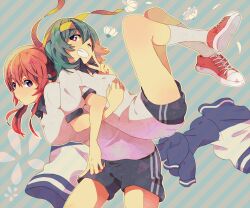  2girls bad_id bad_pixiv_id buruma commentary_request genderswap_(mtf) grin gym_uniform hell_fuuna highres inazuma_eleven_(series) inazuma_eleven_go kariya_masaki kirino_ranmaru long_hair multiple_girls pink_hair rule_63 smile twintails 