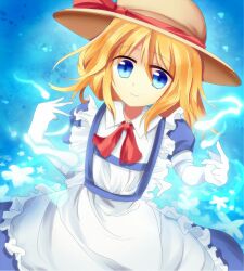  apron beniponzu blonde_hair blue_eyes commentary_request dress elbow_gloves female gloves hat hat_ribbon kana_anaberal ribbon short_hair smile sun_hat touhou touhou_(pc-98) 