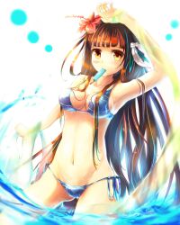  arm_up armpits arms_up ass_visible_through_thighs bikini blue_bikini blunt_bangs blush breasts brown_hair cleavage commentary_request cowboy_shot female flower food groin hair_flower hair_ornament hibiscus long_hair looking_at_viewer medium_breasts mouth_hold navel original popsicle sakura_ani side-tie_bikini_bottom solo standing swimsuit very_long_hair wading water wet yellow_eyes 